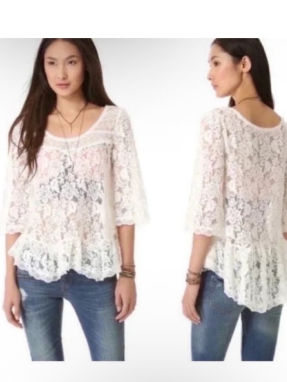 Free People Cream Lace Sheer Blouse